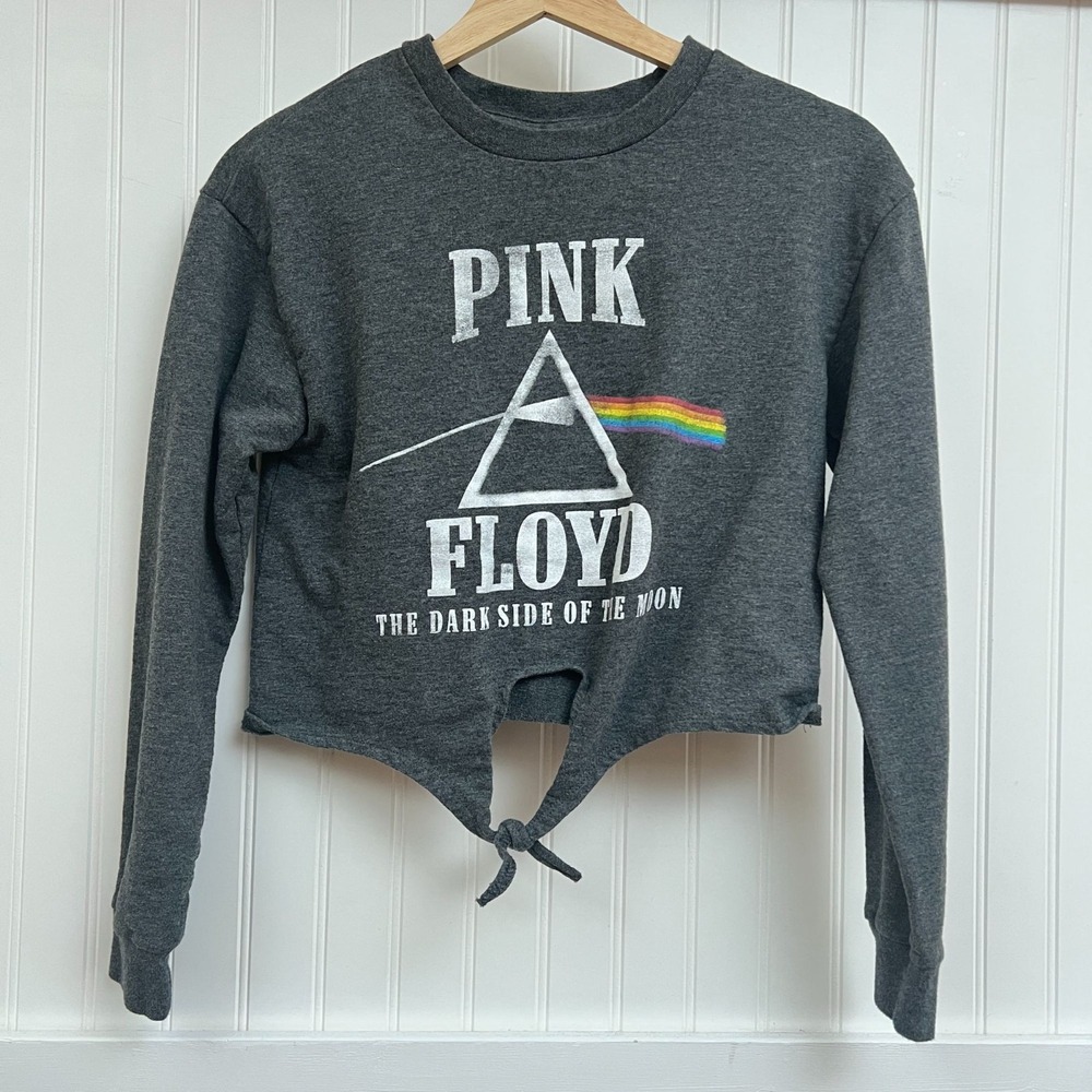 Pink Floyd Logo Rainbow Hippie Artsy Cropped Sweatshirt Gray Long Sleeve Tie S